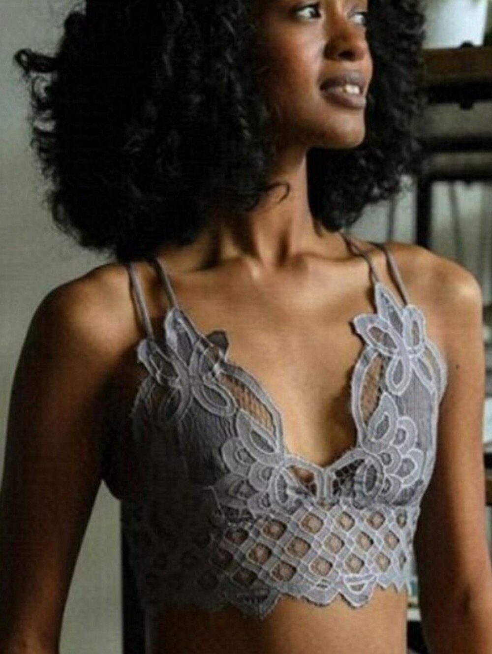 TRÏBE Grey Crochet Lace Longline Boho Bralette Size Small NWT